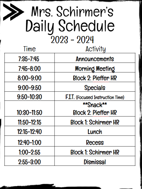 Mrs. Schirmer's Schedule 2023-2024